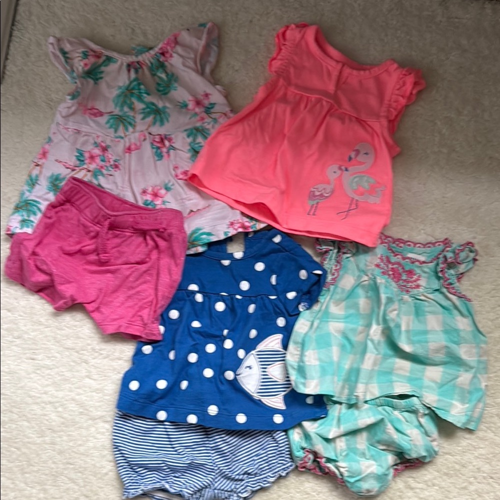 Colorful Baby Girl  Romper and Shorts Sets- 7 total pieces. Mixed brands